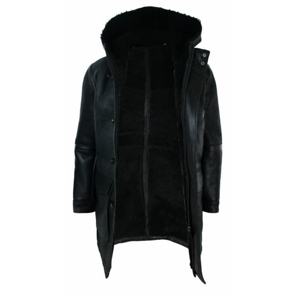 Mens Real Shearling Sheepskin 3/4 Hood Duffle Jacket Black Fur Warm Winter