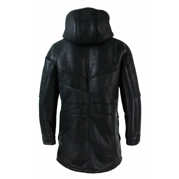 Mens Real Shearling Sheepskin 3/4 Hood Duffle Jacket Black Fur Warm Winter