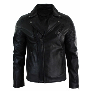 Real Leather Slim Fit Cross Zip Retro Vintage Brando Mens Jacket Vintage Biker-Black