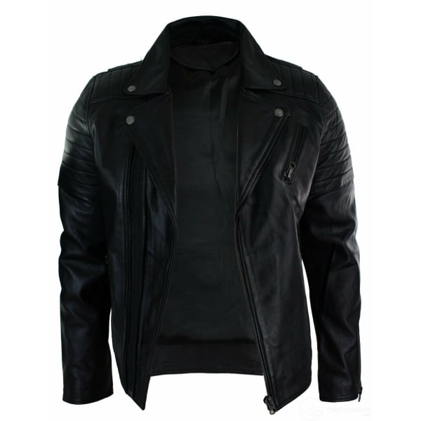 Real Leather Slim Fit Cross Zip Retro Vintage Brando Mens Jacket Vintage Biker-Black