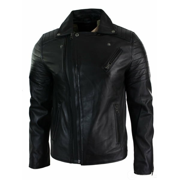 Real Leather Slim Fit Cross Zip Retro Vintage Brando Mens Jacket Vintage Biker-Black