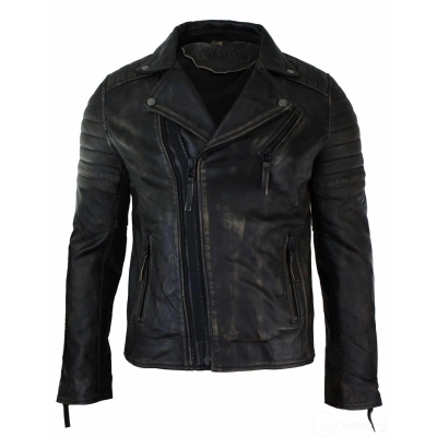 Real Leather Slim Fit Mens Cross Zip Retro Vintage Brando Jacket Vintage Biker-Ruboff Black