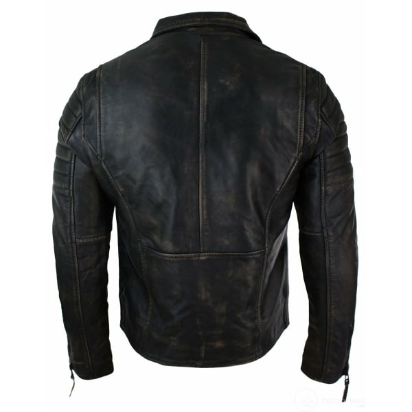 Real Leather Slim Fit Mens Cross Zip Retro Vintage Brando Jacket Vintage Biker-Ruboff Black