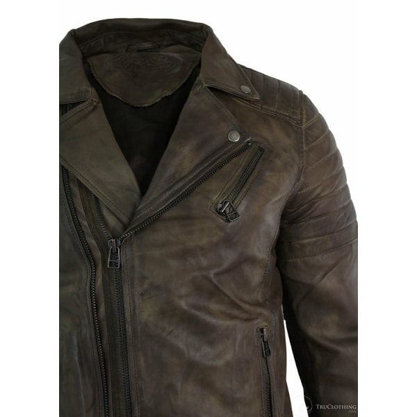 Real Leather Slim Fit Cross Zip Retro Vintage Brando Mens Jacket Vintage Biker-Brown