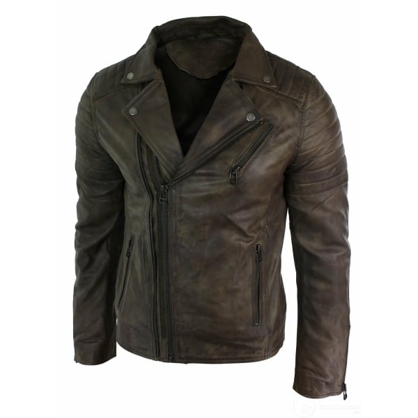 Real Leather Slim Fit Cross Zip Retro Vintage Brando Mens Jacket Vintage Biker-Brown