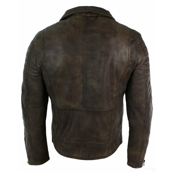 Real Leather Slim Fit Cross Zip Retro Vintage Brando Mens Jacket Vintage Biker-Brown