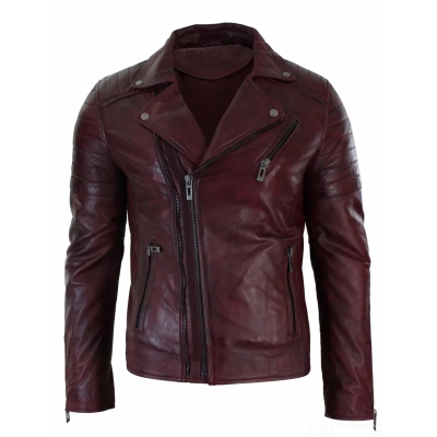 Real Leather Slim Fit Cross Zip Retro Vintage Brando Mens Jacket Vintage Biker-Burgundy