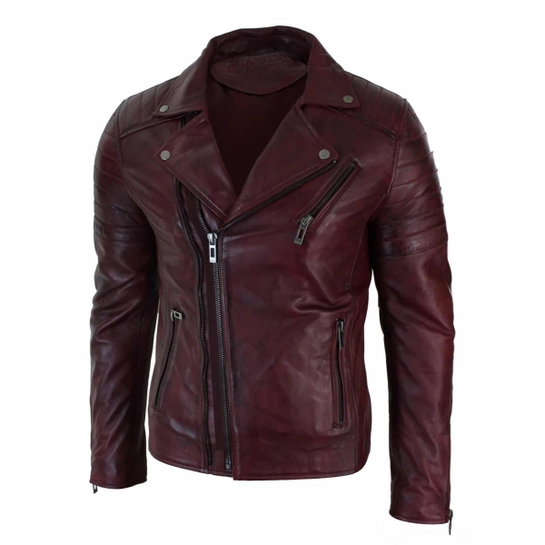 Real Leather Slim Fit Cross Zip Retro Vintage Brando Mens Jacket Vintage Biker-Burgundy