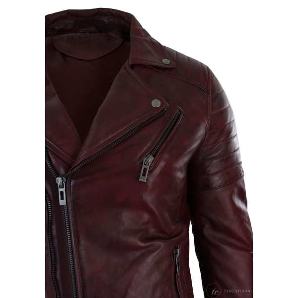 Real Leather Slim Fit Cross Zip Retro Vintage Brando Mens Jacket Vintage Biker-Burgundy