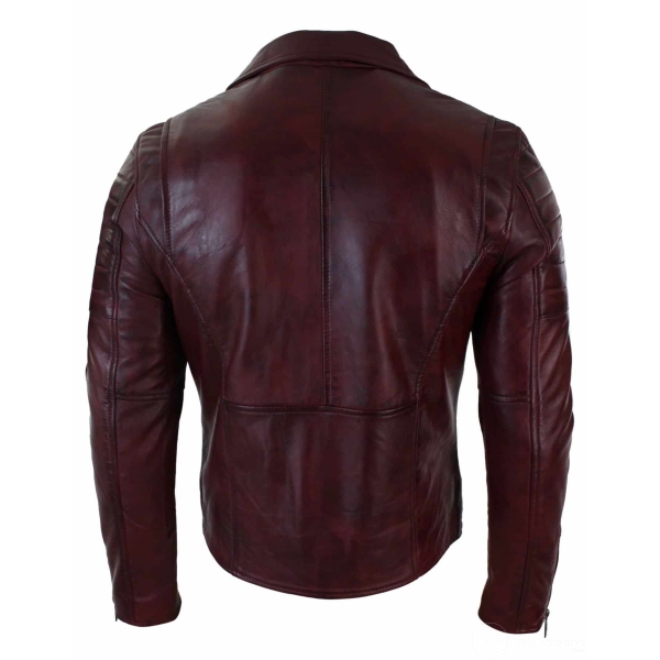 Real Leather Slim Fit Cross Zip Retro Vintage Brando Mens Jacket Vintage Biker-Burgundy