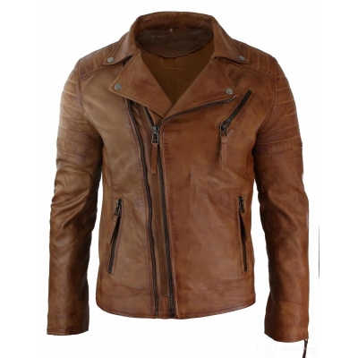 Real Leather Slim Fit Cross Zip Mens Retro Vintage Brando Jacket Vintage Biker-Tan