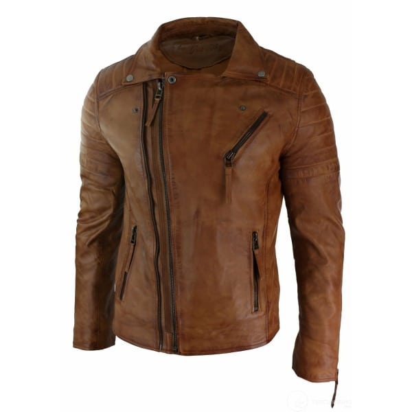 Real Leather Slim Fit Cross Zip Mens Retro Vintage Brando Jacket Vintage Biker-Tan