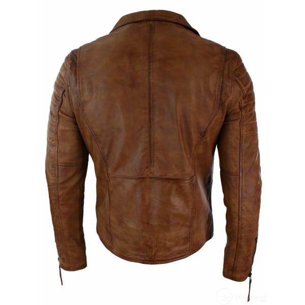 Real Leather Slim Fit Cross Zip Mens Retro Vintage Brando Jacket Vintage Biker-Tan