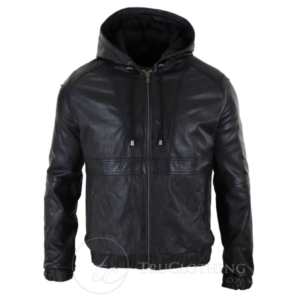 Mens Real Leather Bomber Hood Jacket - Black