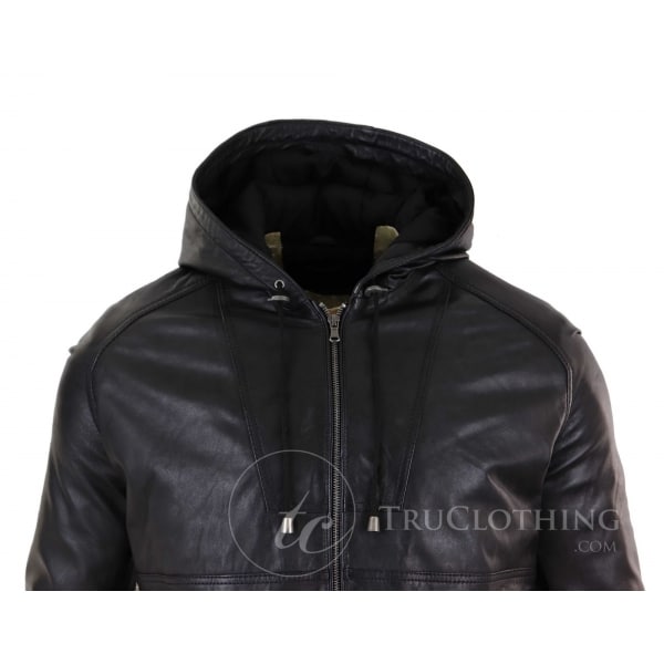 Mens Real Leather Bomber Hood Jacket - Black