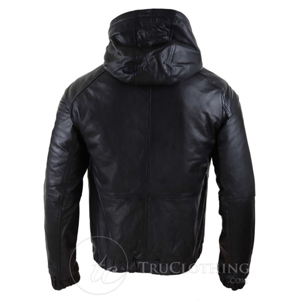 Mens Real Leather Bomber Hood Jacket - Black