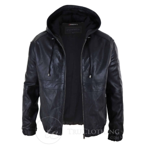 Mens Real Leather Bomber Hood Jacket – Black