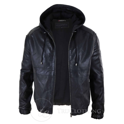 Mens Real Leather Bomber Hood Jacket - Black