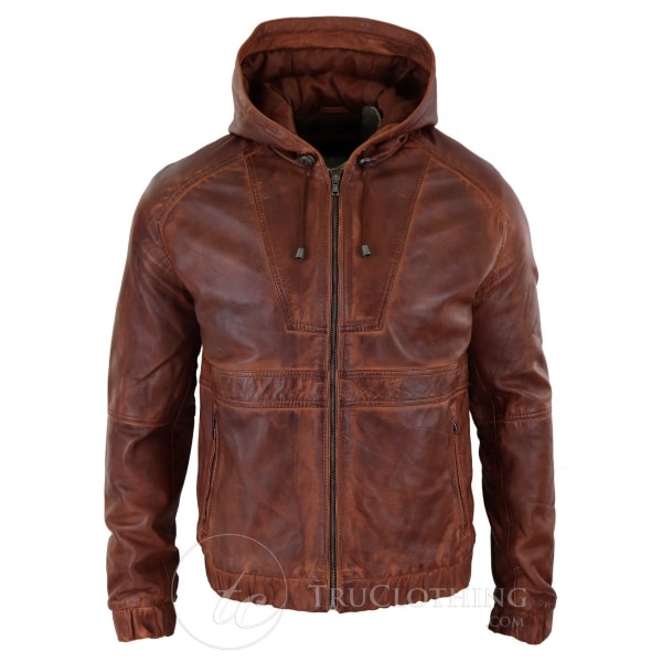 Mens Real Leather Bomber Hood Jacket - Tan