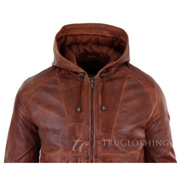 Mens Real Leather Bomber Hood Jacket - Tan