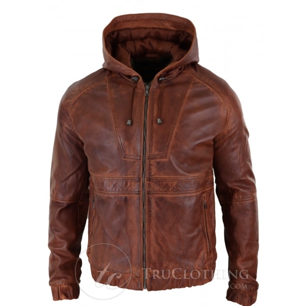 Mens Real Leather Bomber Hood Jacket - Tan