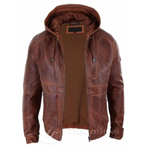 Mens Real Leather Bomber Hood Jacket – Tan