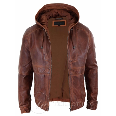 Mens Real Leather Bomber Hood Jacket - Tan