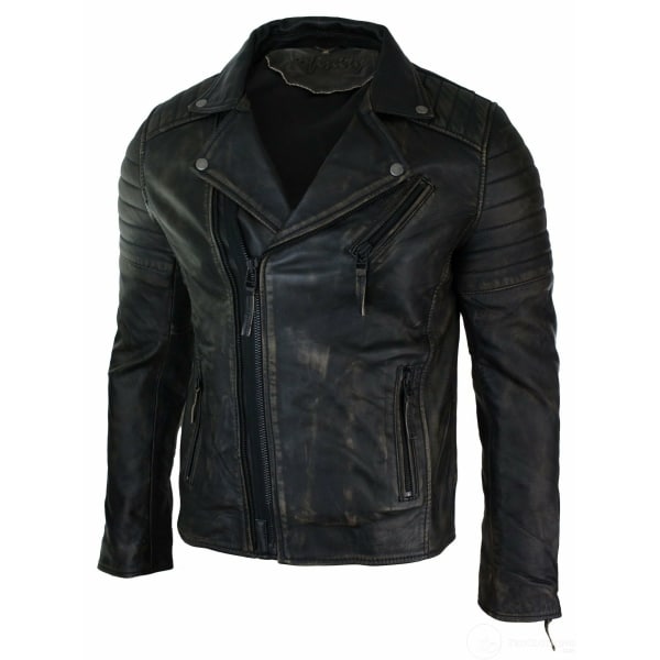 Real Leather Slim Fit Mens Cross Zip Retro Vintage Brando Jacket Vintage Biker-Ruboff Black