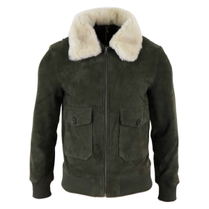 Mens Real Suede Varsity Bomber Jacket with Removable Collar – Olive Green