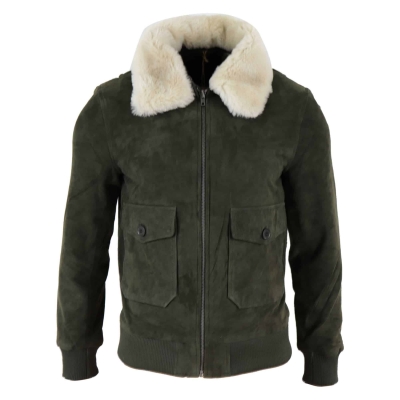 Mens Real Suede Varsity Bomber Jacket with Removable Collar - Olive Green