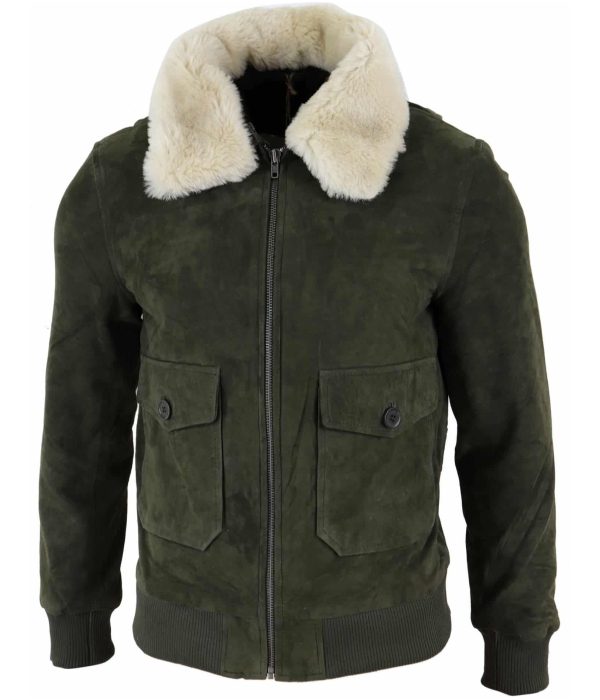 Mens Real Suede Varsity Bomber Jacket with Removable Collar - Olive Green