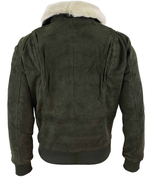 Mens Real Suede Varsity Bomber Jacket with Removable Collar - Olive Green