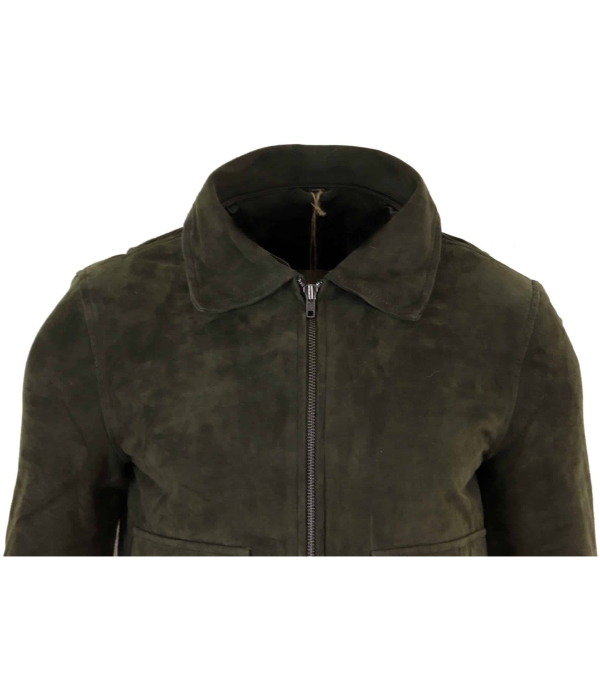 Mens Real Suede Varsity Bomber Jacket with Removable Collar - Olive Green