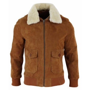 Mens Real Suede Varsity Bomber Jacket with Removable Collar – Tan