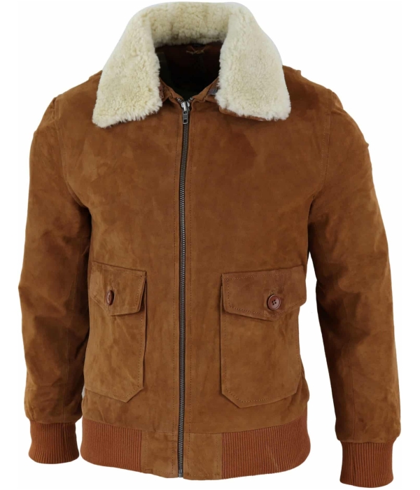 Mens Real Suede Varsity Bomber Jacket with Removable Collar - Tan