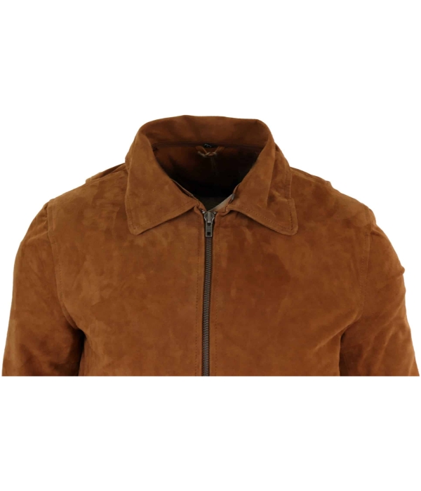 Mens Real Suede Varsity Bomber Jacket with Removable Collar - Tan