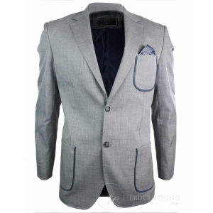 Mens Tailored Blazer Jacket Grey Blue Trim Pocket Design Brown Elbow Patch