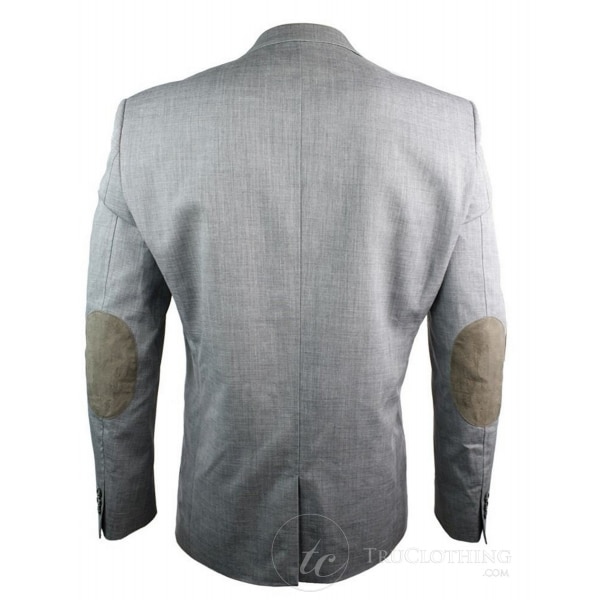 Mens Tailored Blazer Jacket Grey Blue Trim Pocket Design Brown Elbow Patch