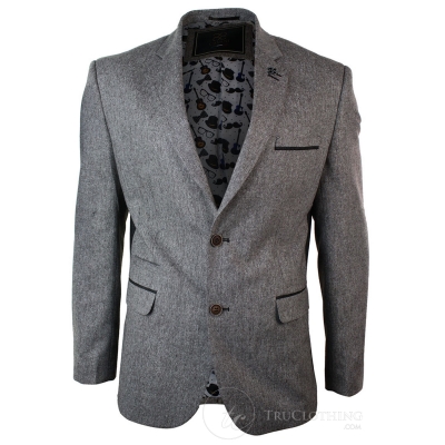 Mens Light Brown Herringbone Tweed Vintage Slim Fit Blazer Smart Casual Jacket