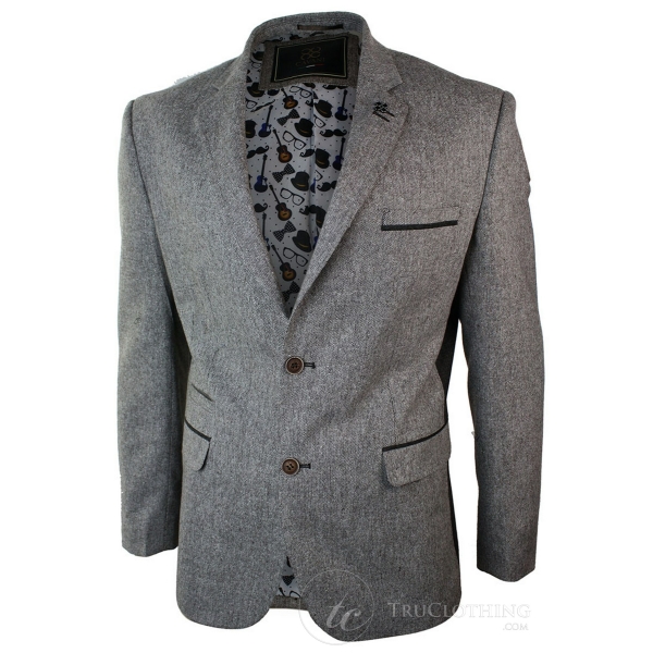 Mens Light Brown Herringbone Tweed Vintage Slim Fit Blazer Smart Casual Jacket