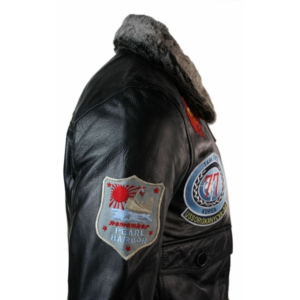 Mens Real Leather US Aviator Air Force Pilot Flying Bomber Jacket Black Fur Collar-Black