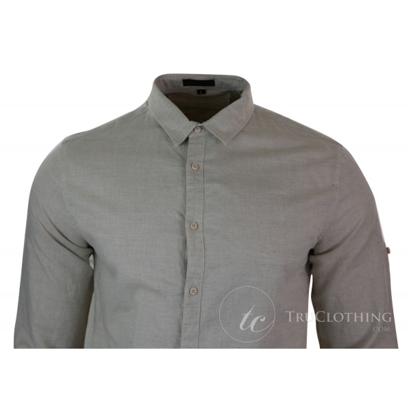 Z301 - Mens Summer Holiday Linen Collar Shirt Button Beach Light Slim Fit Half Full Sleeve - Beige