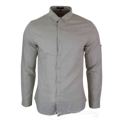 Z301 - Mens Summer Holiday Linen Collar Shirt Button Beach Light Slim Fit Half Full Sleeve - Beige