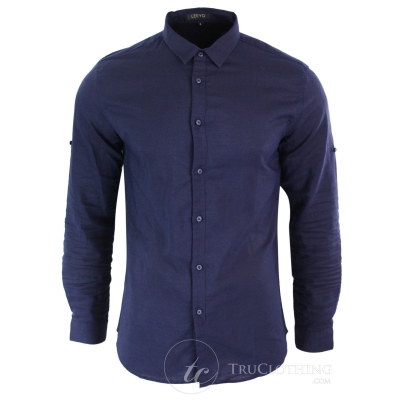 Z301 - Mens Summer Holiday Linen Collar Shirt Button Beach Light Slim Fit Half Full Sleeve  -Navy