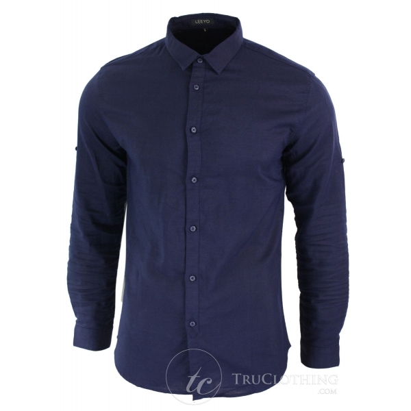 Z301 - Mens Summer Holiday Linen Collar Shirt Button Beach Light Slim Fit Half Full Sleeve  -Navy