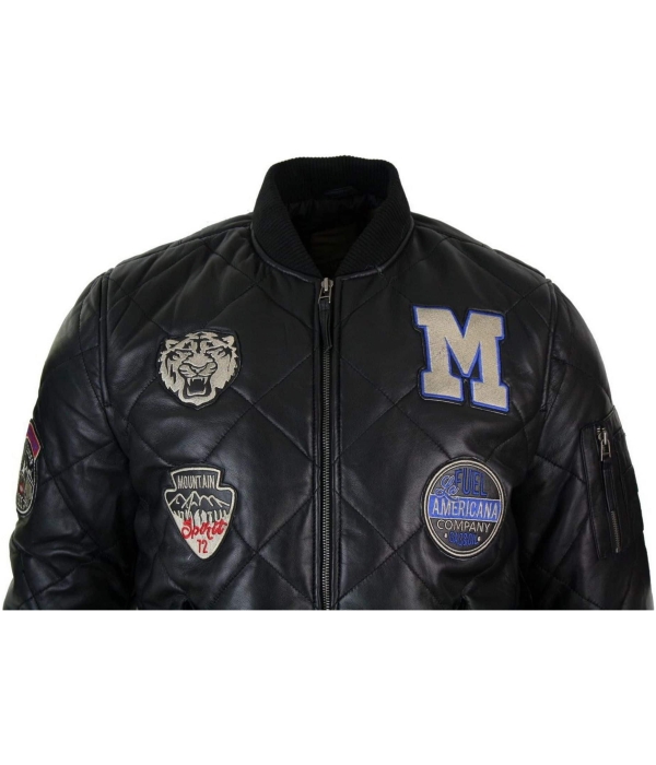 Mens Real Lether Quilted Puffer Varsity Baseball Bomber Letterman Jacket Badge