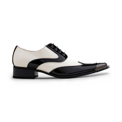 Mens Black & White Patent Shoes with Metal Toe