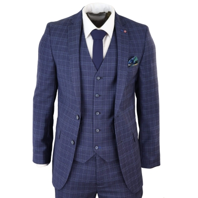 Mens Navy Blue Check 3 Piece Slim Fit Suit