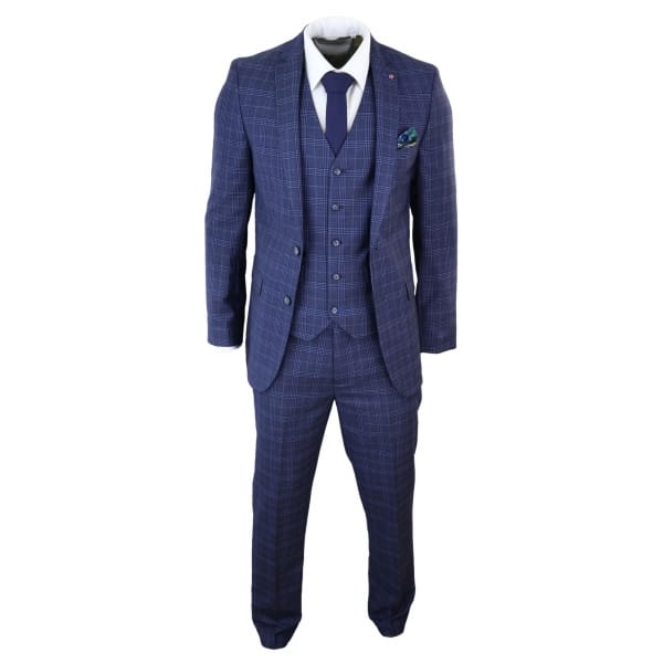 Mens Navy Blue Check 3 Piece Slim Fit Suit