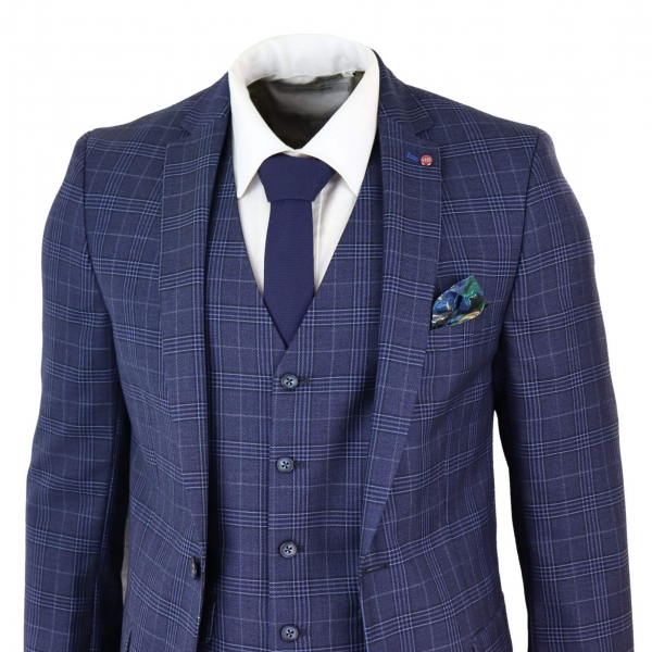 Mens Navy Blue Check 3 Piece Slim Fit Suit